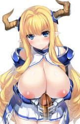Rule 34 | 10s, 1girl, armor, armored dress, bare shoulders, blonde hair, blue eyes, blush, breasts, breasts out, bullet, cleavage, draph, faulds, gauntlets, granblue fantasy, hair intakes, holding, horns, huge breasts, inverted nipples, long hair, looking at viewer, minamon (vittel221), nipples, pleated skirt, pointy ears, puffy nipples, razia, sagging breasts, simple background, skirt, solo, very long hair, white background