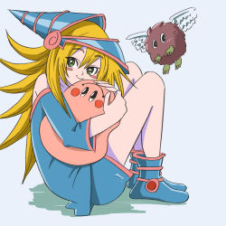 Rule 34 | 1girl, blonde hair, blue background, blue footwear, blush, boots, dark magician girl, feathered wings, green eyes, highres, holding, long hair, long sleeves, looking at viewer, marshmallon, shadow, smile, solo, user ezfe5532, white wings, winged kuriboh, wings, yu-gi-oh!