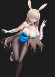 Rule 34 | 1girl, absurdres, animal ears, asuna (blue archive), asuna (bunny) (blue archive), bare shoulders, black background, black pantyhose, blonde hair, blue bow, blue bowtie, blue eyes, blue leotard, bow, bowtie, breasts, cleavage, covered navel, detached collar, fake animal ears, forehead, gloves, grin, hair over one eye, hand up, helenu, high heels, highleg, highleg leotard, highres, knees together feet apart, large breasts, leaning forward, leotard, long hair, looking at viewer, mole, mole on breast, no nose, official alternate costume, original, pantyhose, playboy bunny, red lips, shadow, simple background, smile, solo, standing, standing on one leg, strapless, strapless leotard, thigh gap, thighs, v, white footwear, white gloves