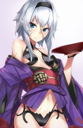 Rule 34 | 1girl, absurdres, bare shoulders, blue eyes, breasts, collarbone, cosplay, cup, fate/grand order, fate (series), hair between eyes, hairband, highres, hip focus, japanese clothes, kimono, looking at viewer, mary read (fate), nanakaku, navel, obi, off shoulder, open clothes, open kimono, purple kimono, revealing clothes, sakazuki, sash, scar, short hair, short kimono, shuten douji (fate), shuten douji (fate) (cosplay), sidelocks, silver hair, small breasts, solo, white background, wide sleeves