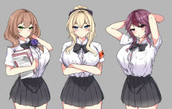Rule 34 | 3girls, :o, alternate costume, armband, arms behind head, arms under breasts, black bow, black bowtie, black skirt, blonde hair, blue eyes, book, bow, bowtie, breasts, brown hair, button gap, collared shirt, cowboy shot, flower, frown, genshin impact, green eyes, hair bow, hair flower, hair ornament, hair over shoulder, hand in own hair, highres, holding, holding book, holding paper, jean (genshin impact), large breasts, line4x, lisa (genshin impact), long hair, looking at viewer, multicolored hair, multiple girls, paper, ponytail, purple eyes, purple hair, red hair, rosaria (genshin impact), school uniform, shirt, short hair with long locks, short sleeves, simple background, skirt, smile, streaked hair, tented shirt, white shirt