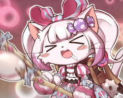 Rule 34 | &gt; &lt;, 1girl, backpack, bag, blush stickers, bow, candy hair ornament, cat, cat busters, drooling, closed eyes, food-themed hair ornament, furry, hair bow, hair ornament, mirufi (cat busters), nekoguruma, open mouth, pink hair, twintails
