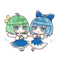 Rule 34 | 2girls, ascot, blue dress, blue eyes, blue hair, blue ribbon, blush, chibi, cirno, daiyousei, dress, fairy wings, full body, green hair, holding hands, looking at viewer, multiple girls, red ascot, ribbon, simple background, slowlyapple non, touhou, white background, wings, yellow ascot