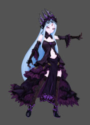 Rule 34 | 1girl, absurdres, black footwear, blue hair, commentary request, contrapposto, copyright request, dress, elbow gloves, full body, gloves, grey background, high heels, highres, horns, legs apart, long hair, looking at viewer, parted bangs, pelvic curtain, purple dress, red eyes, simple background, smile, solo, standing, subete no houkou