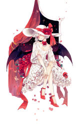 Rule 34 | 1girl, aged up, bare shoulders, bat wings, black wings, closed mouth, crossed legs, curtains, dress, flower, full body, hat, hat flower, hat ribbon, high heels, highres, looking at viewer, nail polish, red eyes, red flower, red footwear, red nails, red ribbon, red rose, remilia scarlet, ribbon, ringocha, rose, shoes, short hair, simple background, sitting, smile, solo, touhou, white background, white dress, white hair, white hat, wings