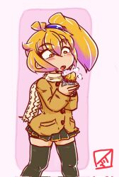 Rule 34 | 1girl, akita neru, black skirt, black thighhighs, blonde hair, blush stickers, commentary, corrupted twitter file, feet out of frame, foil, food, hair tie, holding, holding food, jacket, looking at object, looking down, medium hair, miniskirt, pink background, pleated skirt, roasted sweet potato, scarf, side ponytail, signature, skindentation, skirt, smith hioka, solo, standing, steam, sweet potato, thighhighs, vocaloid, yellow eyes, yellow jacket, yellow scarf, zettai ryouiki