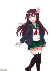 Rule 34 | 1girl, absurdres, black jacket, black thighhighs, brown hair, feet out of frame, green sailor collar, green skirt, hair ornament, highres, jacket, kantai collection, kisaragi (kancolle), kisaragi kai ni (kancolle), long hair, looking at viewer, neckerchief, one-hour drawing challenge, open mouth, pleated skirt, purple eyes, red neckerchief, robinson (day l full), sailor collar, school uniform, serafuku, simple background, skirt, smile, solo, thighhighs, twitter username, white background