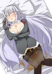 Rule 34 | 1girl, azur lane, bed, black gloves, black jacket, black pantyhose, blush, breasts, cleavage, closed eyes, female focus, from above, gloves, graf zeppelin (azur lane), hand up, jacket, knees together feet apart, large breasts, long hair, long sleeves, lying, minamimachi naname, nose blush, on back, on bed, open mouth, pantyhose, peeing, peeing self, pillow, shiny skin, silver hair, sleeping, solo, thighband pantyhose, very long hair