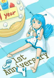 Rule 34 | 1girl, anniversary, antennae, bandaid, barefoot, blue eyes, blue hair, blush, boots, cake, child, crumbs, dress, eating, feet, food, food on face, from above, long hair, looking up, matching hair/eyes, mini person, minigirl, naotan, pastry, pixiv, pixiv-tan, shoes, unworn shoes, sitting, solo, very long hair