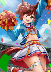 Rule 34 | 1girl, absurdres, animal ears, arm up, armpits, belt, blue jacket, blue sky, blush, bow, brown eyes, cheerleader, cloud, cloudy sky, commentary, cowboy shot, cropped jacket, ear ornament, highres, holding, holding pom poms, horse ears, horse girl, jacket, leo (f mmmnkm paint), looking at viewer, midriff, multicolored hair, navel, nice nature (run&amp;win) (umamusume), nice nature (umamusume), official alternate costume, official alternate hairstyle, one eye closed, open clothes, open jacket, open mouth, outdoors, pom pom (cheerleading), pom poms, ponytail, red bow, red hair, shirt, skirt, sky, sleeveless, sleeveless shirt, smile, solo, streaked hair, teeth, thigh strap, umamusume, upper teeth only, white shirt, white skirt, yellow belt