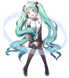 Rule 34 | 1girl, :d, ahoge, aqua eyes, aqua hair, aqua necktie, azit (down), black footwear, black skirt, boots, detached sleeves, floating hair, full body, hair ornament, hand on own knee, hatsune miku, head tilt, highres, invisible chair, long hair, looking at viewer, miniskirt, musical note, necktie, open mouth, pleated skirt, shirt, simple background, sitting, skirt, sleeveless, sleeveless shirt, smile, solo, thigh boots, thighhighs, twintails, very long hair, vocaloid, white background, white shirt, zettai ryouiki