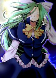 Rule 34 | blue dress, blue hat, bow, buttons, capelet, dress, frilled sleeves, frills, full moon, green eyes, green hair, hand in own hair, hat, highres, long hair, long sleeves, looking away, mima (touhou), moon, moonlight, night, night sky, one eye closed, seiya (snxmari), sky, smile, solo, touhou, touhou (pc-98), very long hair, water, yellow bow