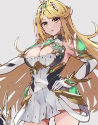Rule 34 | aegis sword (xenoblade), bare shoulders, blonde hair, breasts, chest jewel, cleavage, cleavage cutout, clothing cutout, dress, earrings, elbow gloves, gem, gloves, headpiece, highres, hirotaka (hrtk990203), jewelry, large breasts, long hair, mythra (xenoblade), short dress, swept bangs, tiara, very long hair, white dress, white gloves, xenoblade chronicles (series), xenoblade chronicles 2, yellow eyes