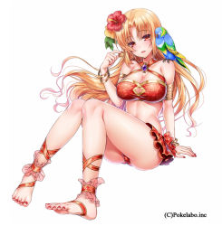 Rule 34 | 1girl, ankle ribbon, arm support, barefoot, bikini, bird, blonde hair, blush, bracelet, breasts, cleavage, feet, flower, full body, hair flower, hair ornament, hibiscus, hizuki akira, jewelry, large breasts, leg ribbon, long hair, looking at viewer, nail polish, navel, open mouth, original, parrot, parted lips, red eyes, red nails, ribbon, shiny skin, simple background, smile, solo, swimsuit, taut clothes, toes, white background