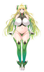 Rule 34 | 1girl, ahoge, aoi nagisa (metalder), black gloves, blonde hair, blue eyes, breasts, covered erect nipples, detached sleeves, elf, flower, full body, gloves, gradient hair, green hair, hair flower, hair ornament, highres, huge breasts, long hair, looking at viewer, lucie menelumia, multicolored hair, navel, official art, own hands together, pointy ears, simple background, smile, solo, thighhighs, thong, very long hair, white background, youkoso! sukebe elf no mori e