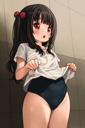Rule 34 | 1girl, black hair, blue one-piece swimsuit, blush, clothes lift, comodomodo, covered navel, groin, hair bobbles, hair ornament, highres, lifted by self, long hair, no pants, one-piece swimsuit, open mouth, original, red eyes, school swimsuit, shirt, shirt lift, short sleeves, solo, swimsuit, swimsuit under clothes, thighs, two side up, white shirt