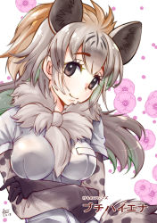 Rule 34 | 1girl, animal ears, black eyes, black hair, breast pocket, breasts, brown hair, character name, chiki yuuko, closed mouth, colored inner hair, crossed arms, dated, extra ears, floating hair, floral background, flower, fur scarf, gloves, green hair, grey hair, head tilt, hyena ears, hyena girl, hyena tail, impossible clothes, impossible shirt, kemono friends, layered sleeves, long hair, long sleeves, looking at viewer, medium breasts, multicolored hair, pocket, print sleeves, scarf, shirt, short over long sleeves, short sleeves, sidelocks, sleeves past wrists, smile, solo, spotted hyena (kemono friends), tail, upper body, white shirt