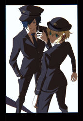 Rule 34 | 1boy, 1girl, aegis (persona), alternate costume, arms at sides, black border, blonde hair, blue eyes, blue hair, blue headwear, blue jacket, blue necktie, blue pants, border, chromatic aberration, collared shirt, commentary request, feet out of frame, film grain, grey eyes, hair over one eye, hand in pocket, hand up, hat, highres, holding walkie-talkie, jacket, joowon (jju oon), korean commentary, long sleeves, looking ahead, necktie, pants, parted lips, persona, persona 3, police, police hat, police uniform, shirt, short hair, simple background, standing, striped necktie, uniform, walkie-talkie, white background, white shirt, wing collar, yuuki makoto (persona 3)