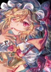 Rule 34 | 1girl, artist name, ascot, ayatsuki sugure, blonde hair, bow, collar, crystal, dress, eyes visible through hair, flandre scarlet, hair between eyes, hand up, hat, hat bow, highres, jewelry, looking at viewer, mob cap, nail polish, one side up, open mouth, puffy short sleeves, puffy sleeves, red bow, red dress, red eyes, red nails, shadow, shirt, short hair, short sleeves, smile, solo, touhou, white hat, white shirt, wings, yellow ascot
