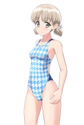 Rule 34 | 1girl, absurdres, aki (girls und panzer), blue one-piece swimsuit, blush, breasts, collarbone, commentary request, competition swimsuit, cowboy shot, girls und panzer, green eyes, groin, highres, houndstooth, light brown hair, looking at viewer, low twintails, one-piece swimsuit, short hair, short twintails, simple background, small breasts, smile, solo, standing, swimsuit, takafumi, thighs, twintails, two-tone swimsuit, variant set, white background