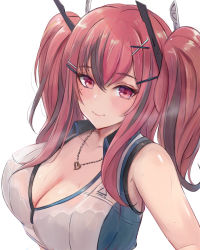 Rule 34 | 1girl, azur lane, bare shoulders, black bra, blush, bra, breasts, bremerton (azur lane), bremerton (scorching-hot training) (azur lane), crop top, grey hair, hair between eyes, hair ornament, hairclip, heart, heart necklace, highres, jewelry, large breasts, leonmandala, long hair, looking at viewer, mole, mole under eye, multicolored hair, necklace, pink eyes, pink hair, see-through, shirt, simple background, sleeveless, sleeveless shirt, smile, solo, sportswear, streaked hair, tennis uniform, twintails, two-tone shirt, underwear, upper body, white background, white shirt, x hair ornament