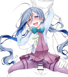 Rule 34 | 10s, 1girl, admiral (kancolle), ahoge, bar censor, blue hair, blush, bow, bowtie, breath, camisole, censored, clothed sex, drooling, grabbing, grabbing another&#039;s breast, grabbing from behind, grey eyes, hair ribbon, hat, heart, heart-shaped pupils, hetero, highres, kantai collection, kiyoshimo (kancolle), long hair, low twintails, military, military uniform, open mouth, pantyhose, partially colored, peaked cap, penetration through clothes, penis, pointless censoring, pussy, ribbon, school uniform, sex, shirogane (cufsser), solo focus, symbol-shaped pupils, thigh strap, through clothes, twintails, uniform, vaginal, very long hair