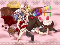 Rule 34 | 2girls, air (alanais), back bow, bare shoulders, barefoot, bat wings, black thighhighs, blonde hair, blue hair, blush, bow, breasts, cake, chocolate, chocolate on body, chocolate on breasts, chocolate on clothes, chocolate on face, chocolate on foot, chocolate on hand, chocolate on legs, collarbone, crystal, doughnut, finger to mouth, flandre scarlet, food, food focus, food on body, food on face, food on hand, hair between eyes, hat, hat ribbon, looking at viewer, medium hair, mob cap, muffin, multicolored wings, multiple girls, nail polish, no shoes, no socks, one side up, pink background, red bow, red eyes, red nails, red ribbon, remilia scarlet, ribbon, siblings, sisters, small breasts, soles, strawberry cake, thighhighs, tongue, tongue out, touhou, valentine, whipped cream, white headwear, wings, wrist cuffs