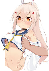 Rule 34 | 1boy, 1girl, :/, ascot, ayanami (azur lane), azur lane, bandaid, bandaid on shoulder, bare shoulders, black choker, blonde hair, breast fondle, breasts, choker, confused, crop top, cropped torso, detached sleeves, embarrassed, grabbing, grabbing another&#039;s breast, grabbing from behind, groping, hair between eyes, hand on own hip, hand under clothes, hands on another&#039;s chest, hands up, haruto sara, headgear, highres, long hair, looking down, medium breasts, navel, no bra, orange eyes, ponytail, sailor collar, school uniform, serafuku, sideless outfit, solo focus, stomach, surprised, underboob, very long hair, white serafuku, wide sleeves, yellow ascot, yellow eyes
