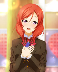 Rule 34 | 1girl, :d, black jacket, blurry, blurry background, blush, bow, bowtie, box, collared shirt, gift, gift box, hair between eyes, head tilt, highres, holding, holding box, jacket, long hair, long sleeves, looking at viewer, love live!, love live! school idol project, nishikino maki, open mouth, purple eyes, red bow, red bowtie, red hair, shirt, smile, solo, striped bow, striped bowtie, striped clothes, striped neckwear, upper body, wing collar, yu-ta