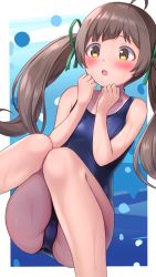 Rule 34 | 1girl, :o, absurdres, ahoge, blush, brown hair, hair ribbon, hakozaki serika, highres, idolmaster, idolmaster million live!, kuro kinkan, long hair, looking at viewer, one-piece swimsuit, open mouth, ribbon, school swimsuit, simple background, solo, swimsuit, twintails, yellow eyes