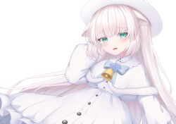Rule 34 | .live, 1girl, animal ears, bell, blush, commentary request, dress, gloves, green eyes, grey hair, hat, highres, hime cut, holiday sakawa, long hair, looking at viewer, merry milk, ribbon, sheep ears, simple background, solo, virtual youtuber, white background