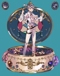 Rule 34 | 1boy, arms up, blue background, blue butterfly, bug, butterfly, capelet, commentary, flower, frilled sleeves, frills, heterochromia, highres, holding, holding flower, insect, jacket, male focus, music box, orange eyes, original, pants, purple eyes, short hair, simple background, solo, torinodesu4, white capelet, white jacket, white pants