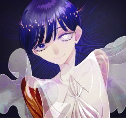 Rule 34 | androgynous, artist request, blue eyes, blue hair, gender request, golden arms, heterochromia, highres, houseki no kuni, looking at viewer, phosphophyllite, phosphophyllite (ll), see-through, short hair, smile, solo, spoilers, upper body, white eyes