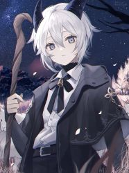 Rule 34 | 1boy, bell, belt, closed mouth, demon, demon boy, demon horns, formal, grey eyes, highres, holding, holding staff, horns, long sleeves, looking at viewer, looking down, male focus, namiki itsuki, neck bell, night, night sky, original, shirt, short hair, sky, solo, staff, star (sky), starry sky, tree, white hair, white shirt