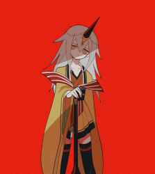 Rule 34 | 1girl, arm at side, bags under eyes, bell, black horns, black thighhighs, brown kimono, closed mouth, expressionless, feet out of frame, grey hair, hair between eyes, hand up, head tilt, horns, jacket, japanese clothes, jingle bell, kimono, kureha yuna, long hair, long sleeves, magia record: mahou shoujo madoka magica gaiden, magical girl, mahou shoujo madoka magica, open clothes, open jacket, red background, shaded face, short kimono, simple background, single horn, solo, spiked hair, thighhighs, very long hair, waist sash, wide sleeves, yellow eyes, yellow jacket, yuri7s0