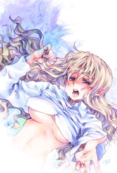 1girl blonde_hair blue_eyes blush breasts clothes_lift dress_shirt female_focus foreshortening highres k-on! kotobuki_tsumugi long_hair medium_breasts outstretched_arm reaching shirt shirt_lift solo sweat takanashi_ringo underboob wavy_hair