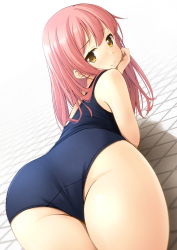 Rule 34 | 1girl, arm support, ass, back, blue one-piece swimsuit, blush, brown eyes, cowboy shot, crotch seam, dutch angle, elbow rest, from behind, hand on own cheek, hand on own face, hand up, head rest, highres, long hair, looking at viewer, looking back, lying, on floor, on stomach, one-piece swimsuit, original, pink hair, school swimsuit, shibacha, smile, solo, swimsuit, tile floor, tiles