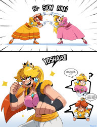 Rule 34 | 2022, 2girls, absurdres, blonde hair, blue eyes, breasts, brown hair, cleavage, crossover, crown, dragon ball, dragonball z, dress, earrings, evil grin, evil smile, female focus, flower earrings, fusion, fusion dance, grin, highres, jewelry, long hair, looking at viewer, mario (series), multiple girls, nintendo, orange dress, parody, pink dress, princess daisy, princess peach, smile, tagme, thegreyzen, transformation