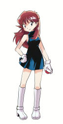 1girl blue_dress boots brown_eyes brown_hair closed_mouth commentary_request creatures_(company) dress full_body game_freak gloves green_(pokemon) hand_on_own_hip highres himurohiromu holding holding_poke_ball knee_boots long_hair looking_at_viewer nintendo official_style poke_ball poke_ball_(basic) pokemon pokemon_adventures short_dress simple_background sleeveless sleeveless_dress smile solo standing white_background white_boots white_gloves