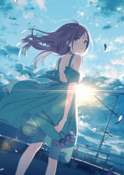 Rule 34 | 1girl, absurdres, aqua dress, backless dress, backless outfit, backlighting, bare shoulders, blue eyes, brown hair, closed mouth, cloud, cloudy sky, commentary, detached sleeves, dress, dutch angle, feet out of frame, flower, frilled dress, frills, hechima (issindotai), highres, holding, holding flower, huge filesize, lens flare, light smile, long hair, looking at viewer, looking back, morning, original, petals, purple flower, radio antenna, revision, ribbon, rooftop, shoulder blades, sky, smile, solo, standing, sun, sunlight, wind, wind lift
