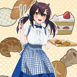 Rule 34 | 1girl, absurdres, apron, azur lane, baguette, black hair, blue apron, blue bow, blue bowtie, blue ribbon, blue skirt, blush, bow, bowtie, bread, cake, cake slice, checkered apron, checkered clothes, checkered ribbon, commission, croissant, dr. gero (staedtler 0508), food, fruit, hair between eyes, hair ornament, hair ribbon, hairclip, hands up, highres, holding, holding tongs, holding tray, horns, low twintails, medium hair, melon bread, nagara (azur lane), open mouth, orange eyes, pastry, ribbon, shirt, short sleeves, skeb commission, skirt, smile, solo, strawberry, tongs, tray, twintails, white apron, white ribbon, white shirt