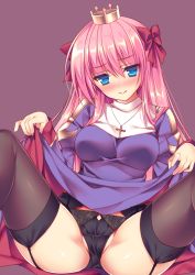 Rule 34 | 1girl, black panties, black thighhighs, blue eyes, blush, breasts, clothes lift, commentary request, cross, crown, garter belt, hair ribbon, hat, jewelry, long hair, looking at viewer, mini crown, necklace, panties, partially visible vulva, pink hair, priest, priest (ragnarok online), ragnarok online, ribbon, sitting, skirt, skirt lift, smile, solo, sorai shin&#039;ya, spread legs, thighhighs, underwear