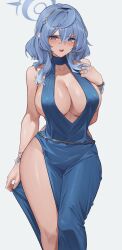Rule 34 | 1girl, absurdres, ako (blue archive), ako (dress) (blue archive), bannou ippoutsukou, bare arms, bare shoulders, blue archive, blue eyes, blue hair, blue halo, blush, breasts, cleavage, collarbone, earrings, grey background, hair ornament, hairband, halo, hand up, highres, jewelry, large breasts, looking at viewer, medium hair, official alternate costume, open mouth, sideboob, simple background, solo, standing, teeth, thighs, upper teeth only