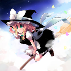 Rule 34 | 1girl, blonde hair, braid, breasts, broom, broom riding, cloud, dress, female focus, full body, gradient background, green eyes, hand on headwear, hat, kirisame marisa, outdoors, shin (new), short hair, sky, solo, touhou, witch, witch hat