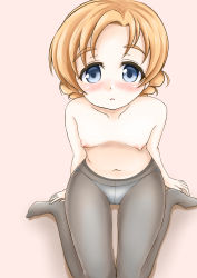Rule 34 | 1girl, absurdres, arms at sides, blue eyes, blush, braid, breasts, e gs310, girls und panzer, highres, kneeling, looking at viewer, navel, nipples, orange hair, orange pekoe (girls und panzer), panties, panties under pantyhose, pantyhose, short hair, sitting, small breasts, solo, topless, underwear