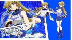 Rule 34 | 1girl, 203wolves, artist name, bare shoulders, blonde hair, blue background, boots, breasts, buttons, card, closed mouth, commentary request, duel disk, duel monster, fingerless gloves, full body, gloves, high heel boots, high heels, highres, holding, leg up, long hair, looking at viewer, looking back, medium breasts, miniskirt, multiple views, open mouth, signature, simple background, skirt, sleeveless, smile, standing, tenjouin asuka, turtleneck, uniform, upper body, yellow eyes, yu-gi-oh!, yu-gi-oh! gx