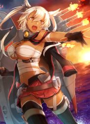 Rule 34 | 10s, 1girl, bandages, black gloves, breasts, cleavage, dark-skinned female, dark skin, fingerless gloves, glasses, gloves, headband, kantai collection, large breasts, long hair, miniskirt, musashi (kancolle), navel, open mouth, personification, pointy hair, red eyes, sarashi, skirt, solo, sunlight, thighhighs, tomari (veryberry00), twintails, two side up, water, white hair, zettai ryouiki