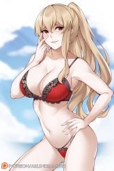 Rule 34 | 1girl, aslindsamure, bare shoulders, blonde hair, blue sky, blush, bra, breasts, cleavage, collarbone, commentary, granblue fantasy, hair between eyes, hand on own hip, highres, large breasts, long hair, looking at viewer, navel, open mouth, panties, parted lips, ponytail, red bra, red eyes, red panties, sidelocks, sky, smile, solo, thighs, underwear, vira (granblue fantasy)