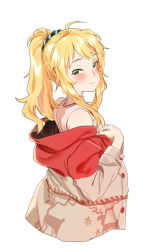 Rule 34 | 1girl, ahoge, bare shoulders, blonde hair, blush, breasts, christmas, closed mouth, djheycha, green eyes, hair ornament, hair scrunchie, highres, hoshii miki, idolmaster, idolmaster (classic), jacket, jewelry, long hair, looking at viewer, looking back, medium breasts, nail polish, necklace, open clothes, open jacket, pink nails, ponytail, reindeer print, ribbed sweater, scrunchie, sidelocks, simple background, sleeveless, sleeveless turtleneck, smile, solo, sweater, turtleneck, white background, white sweater