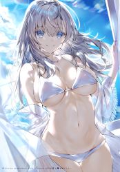 Rule 34 | 1girl, absurdres, bare shoulders, bikini, blue eyes, blue sky, blush, breasts, closed mouth, cloud, cloudy sky, collarbone, hand up, highres, kou mashiro, large breasts, long hair, looking at viewer, mole, mole on breast, mole under mouth, navel, o-ring, o-ring bikini, original, page number, scan, silver hair, simple background, sky, solo, stomach, swimsuit, white bikini, window